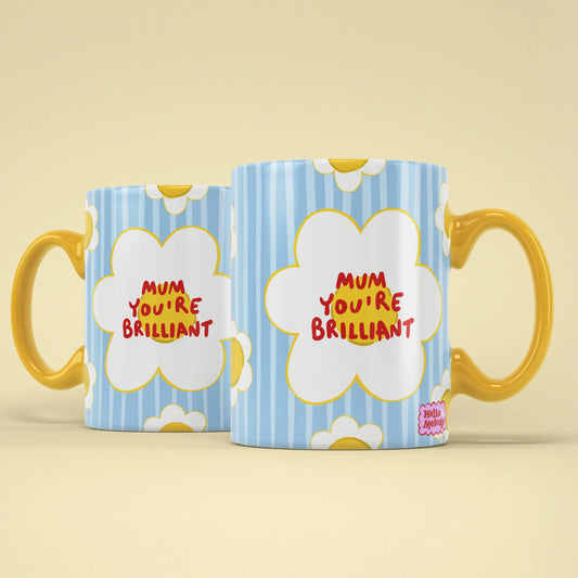 Brilliant Mum Mug shown from both sides with daisy pattern