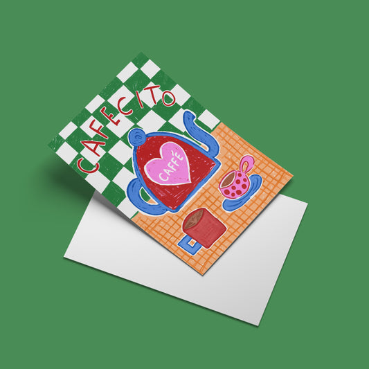 Cafecito print – angled mock-up with envelope