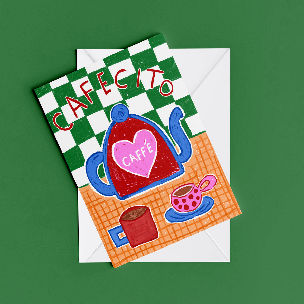 Cafecito print – flat lay mock-up showing the colourful illustrated design