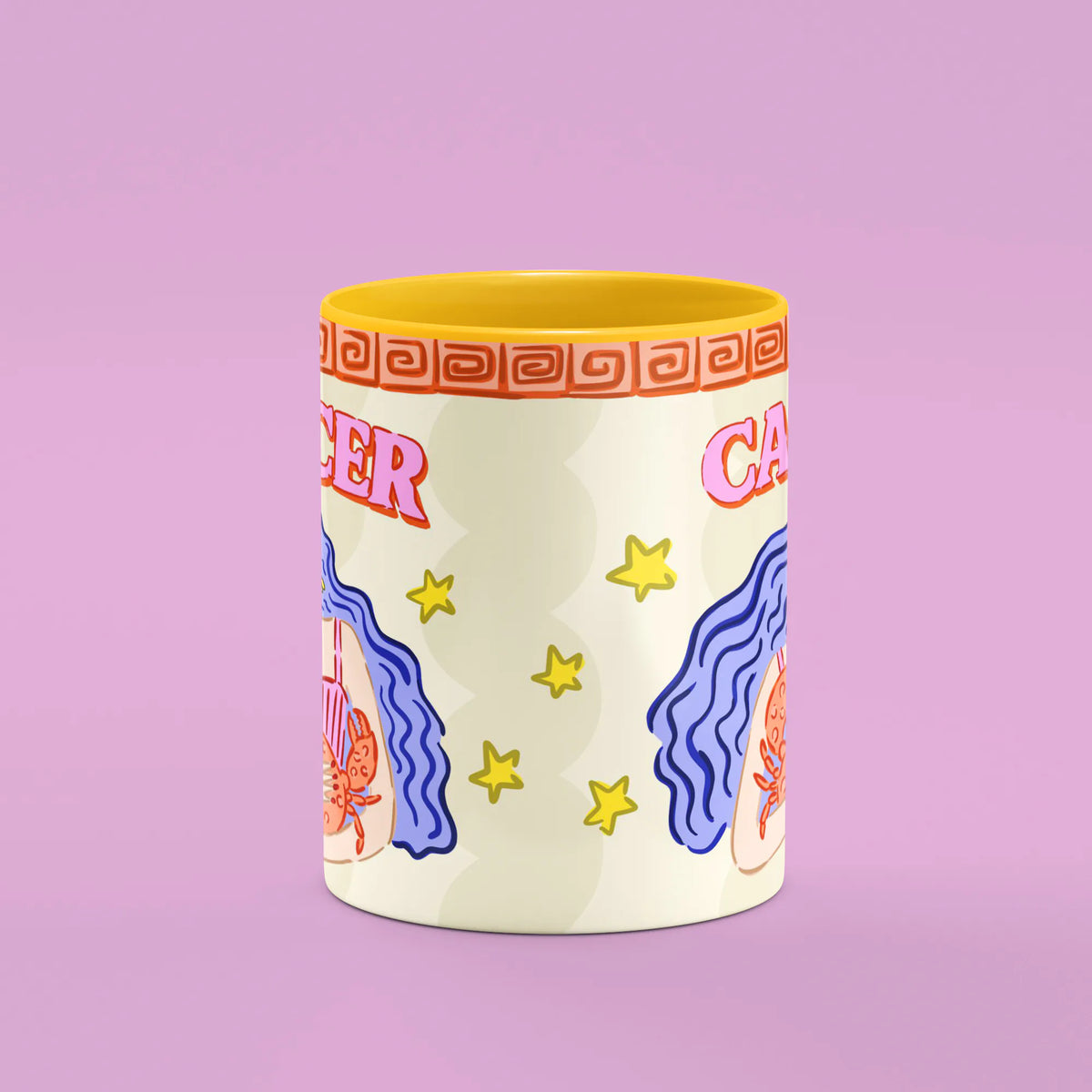 Cancer mug reverse view showing yellow stars and crab illustration and yellow handle