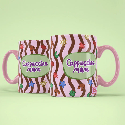 Cappuccino Mom Mug shown from both sides with pink handle