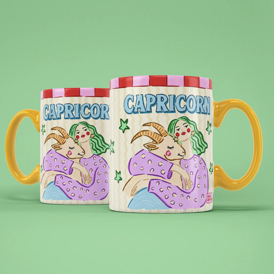 Two Capricorn star sign mugs showing a green-haired figure embracing a horned goat