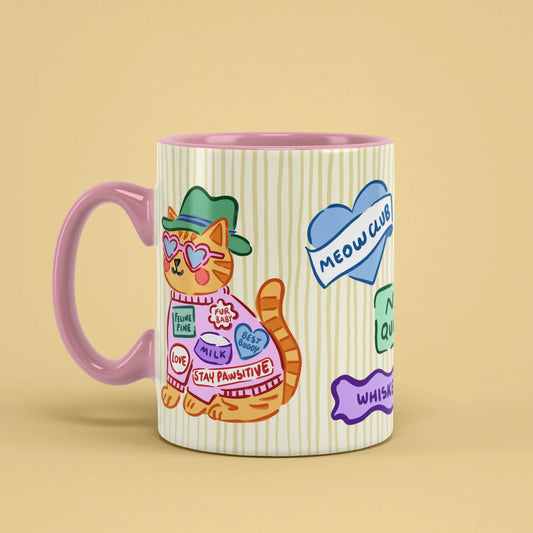 Cat Patch Mug – cat lover cup with pink handle on left