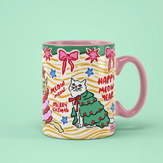 Catmas Mug – festive cat with Merry Catmas, pink handle on right