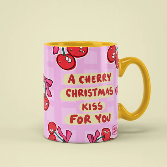 Cherry Kiss Mug – A Cherry Christmas Kiss For You, yellow handle on right