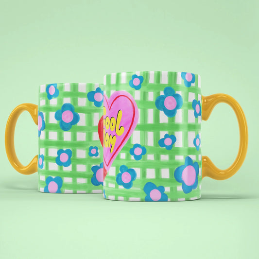 Cool Mom Mug shown from both sides with flower pattern