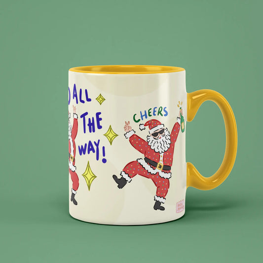 Disco All The Way Mug with dancing Santa artwork and a yellow handle