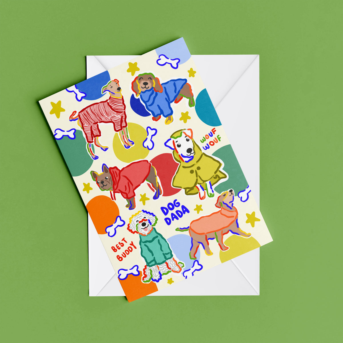 Dog Dad print – flat lay mock-up showing the colourful illustrated design