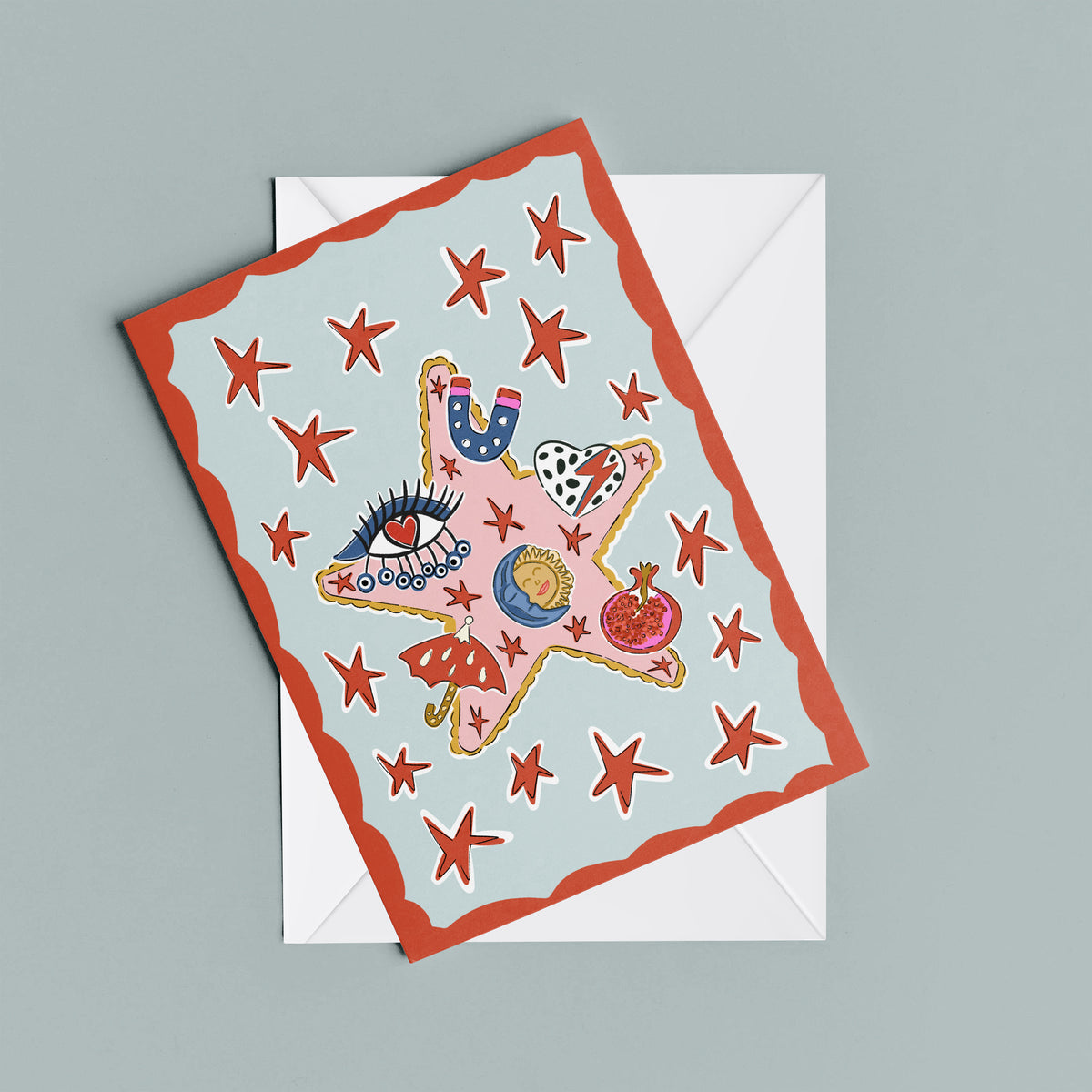 Durusko print – flat lay mock-up showing the colourful illustrated design