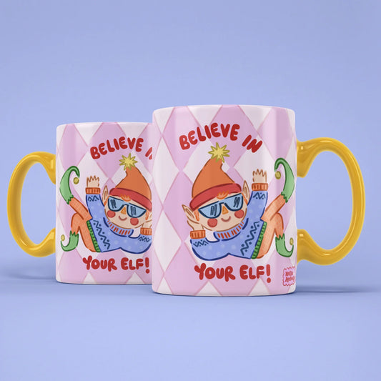 Elf Mug – two mugs showing front and back of the elf design