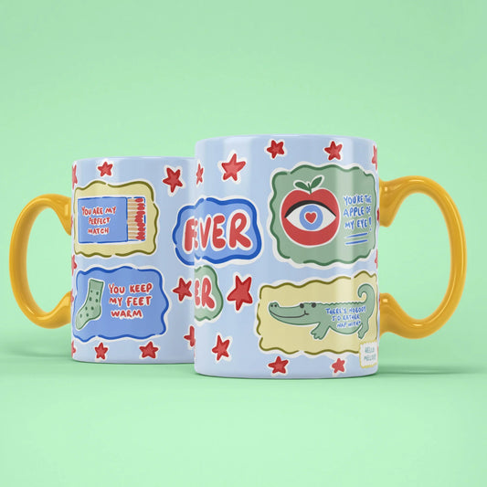 Ever Mug – two mugs showing romantic message and apple of my eye patches