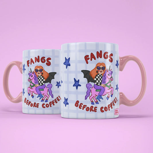 Fangs Before Coffee Mug shown from both sides with blue stars