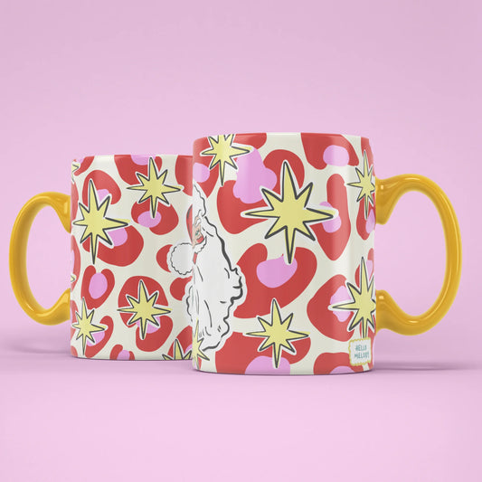 Festive Santa Mug – two mugs showing front and back of retro Santa leopard print design