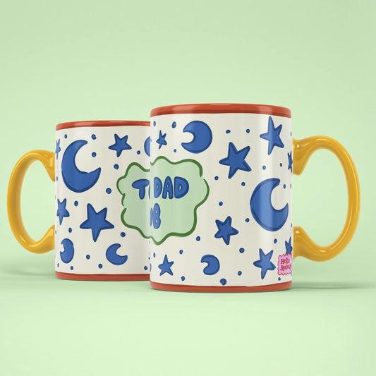 Tired Dad Club Mug shown from both sides with moons and stars pattern