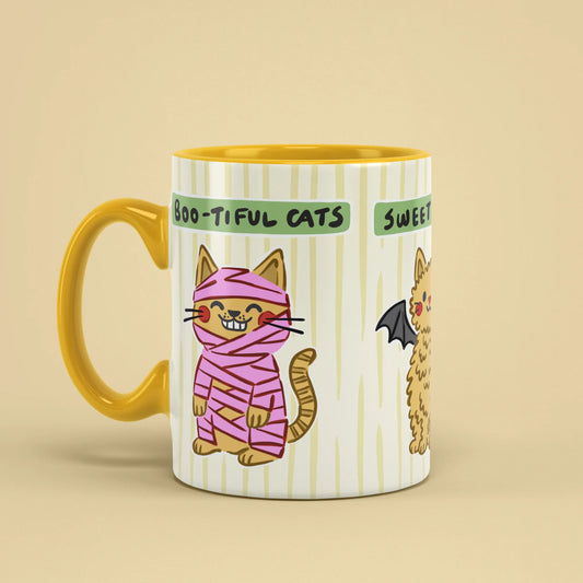 Left view of Halloween Cats Mug with yellow handle