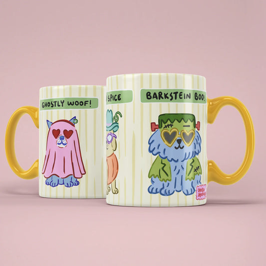 Halloween Dogs Mug shown from both sides with costumed pups