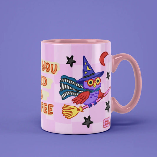 Owl You Need Coffee Mug with a witchy owl, stars and a pink handle