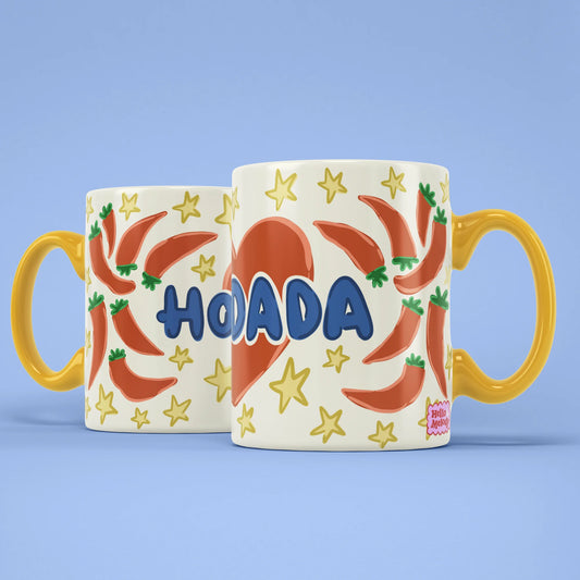 Hot Dada Mug shown from both sides with chillies and yellow handle