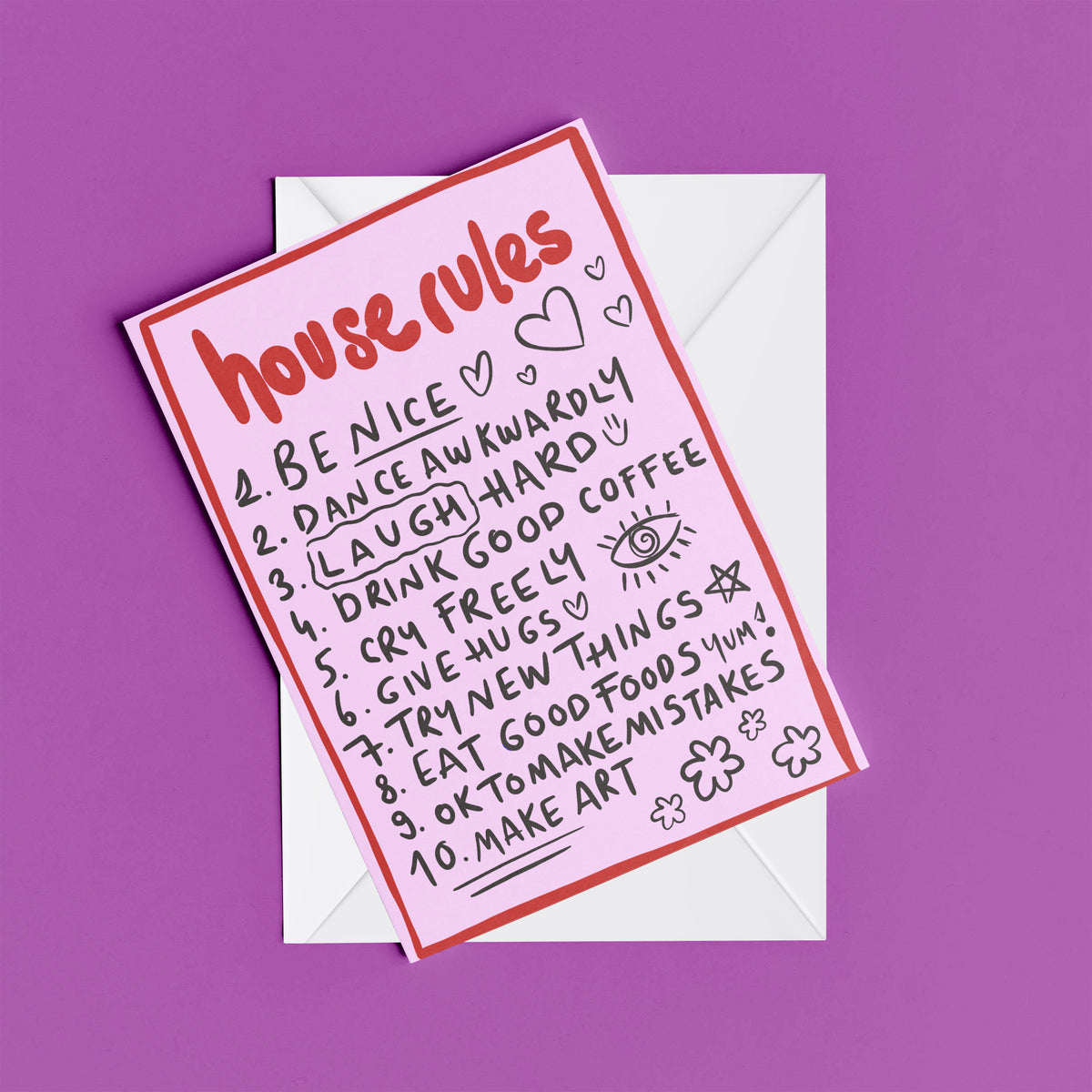 House Rules print – flat lay mock-up showing the colourful illustrated design