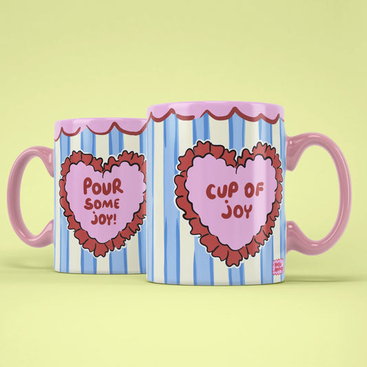 Joy Mug – two mugs showing Pour Some Joy and Cup of Joy hearts