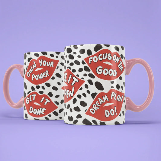 Lips Mug – two mugs showing front and back of the empowering design