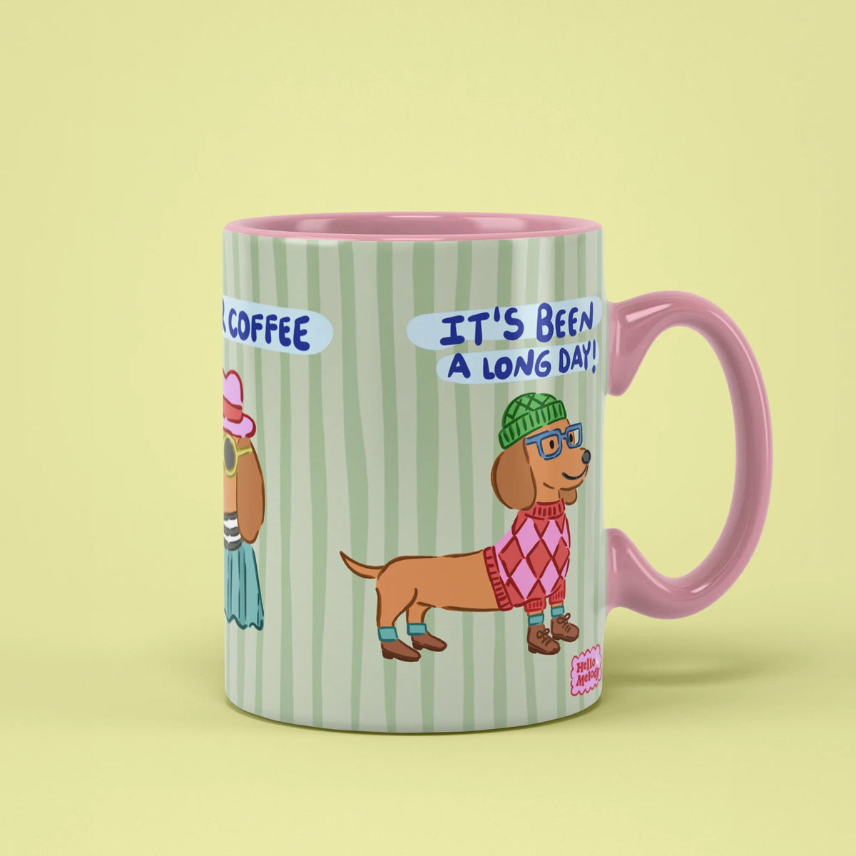 Long Day Mug – dachshund and coffee quote, pink handle on right
