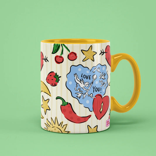 Love You Mug – cherub speech bubble with strawberries and cherries, yellow handle on right