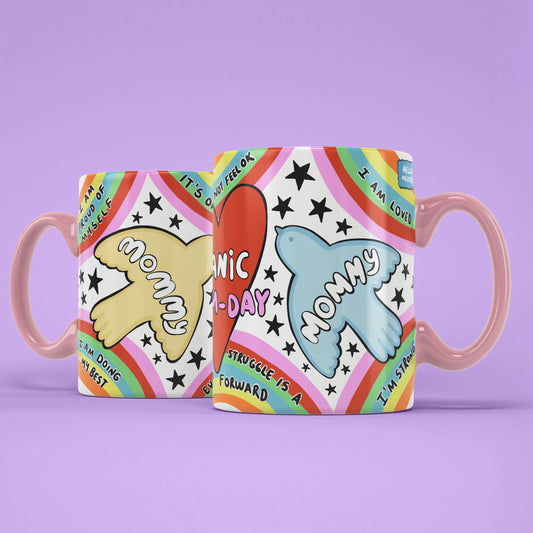 Manic Mum-Day Mug shown from both sides with rainbow design