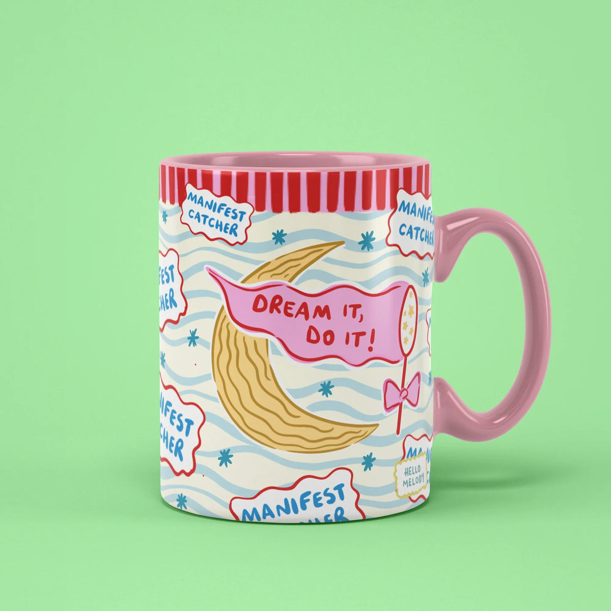 Manifest Catcher Mug – catch your dreams moon banner, pink handle on right