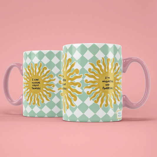 Manifest Sun Mug – two mugs showing front and back of the sun design