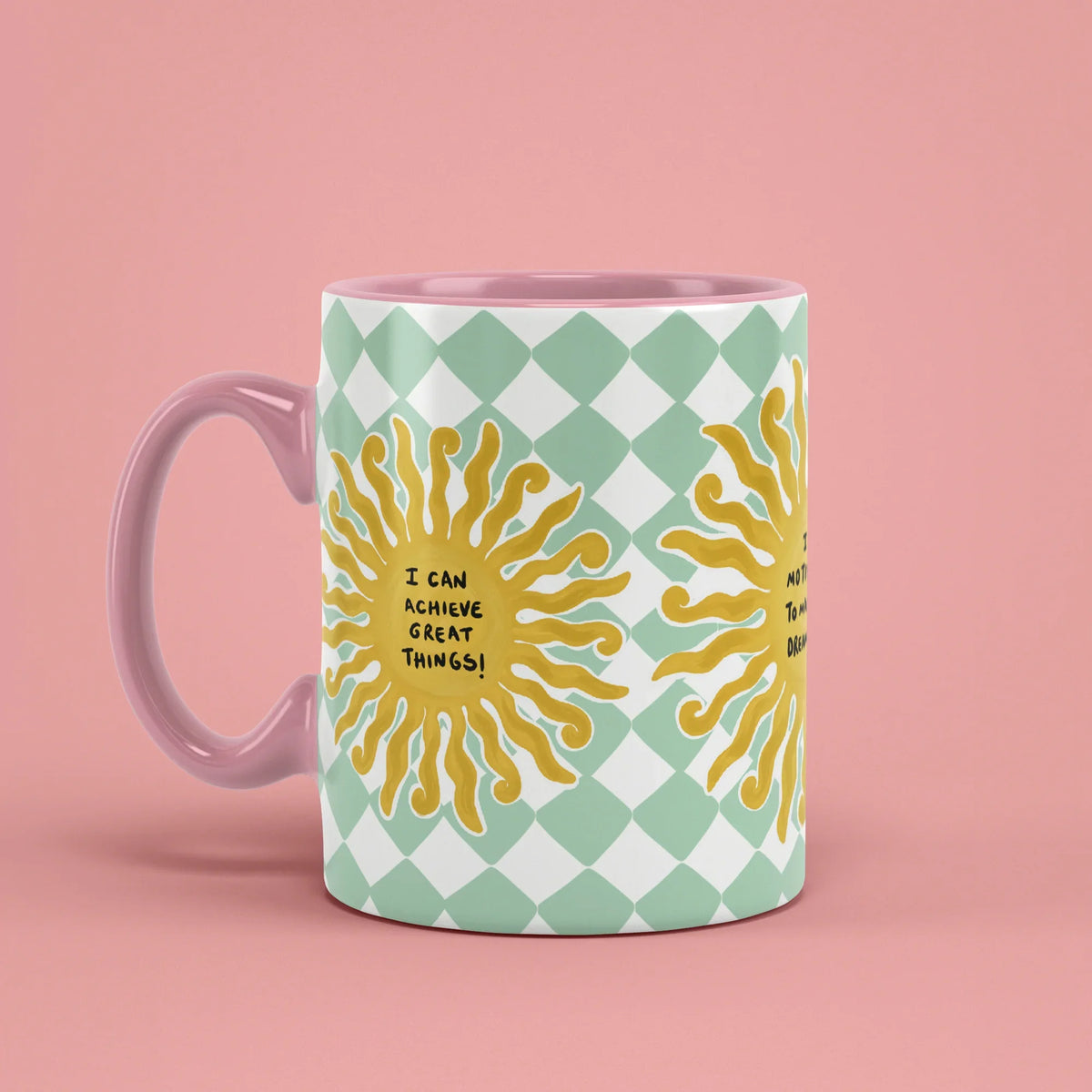 Manifest Sun Mug – affirmation cup with pink handle on left