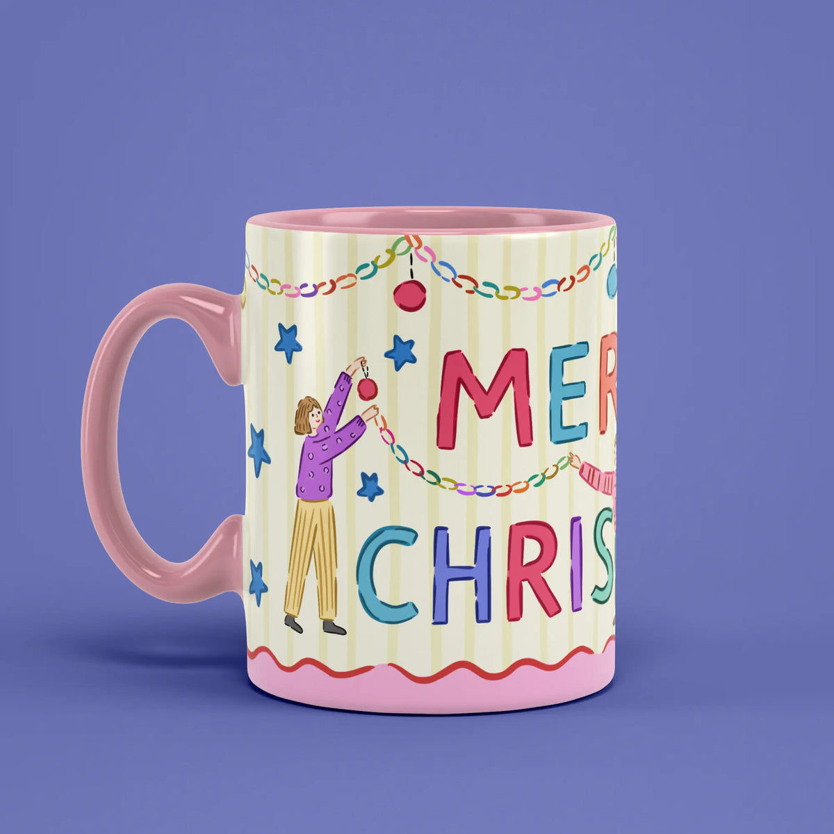 Merry Christmas Girls Mug with playful figures and a pink handle on the left