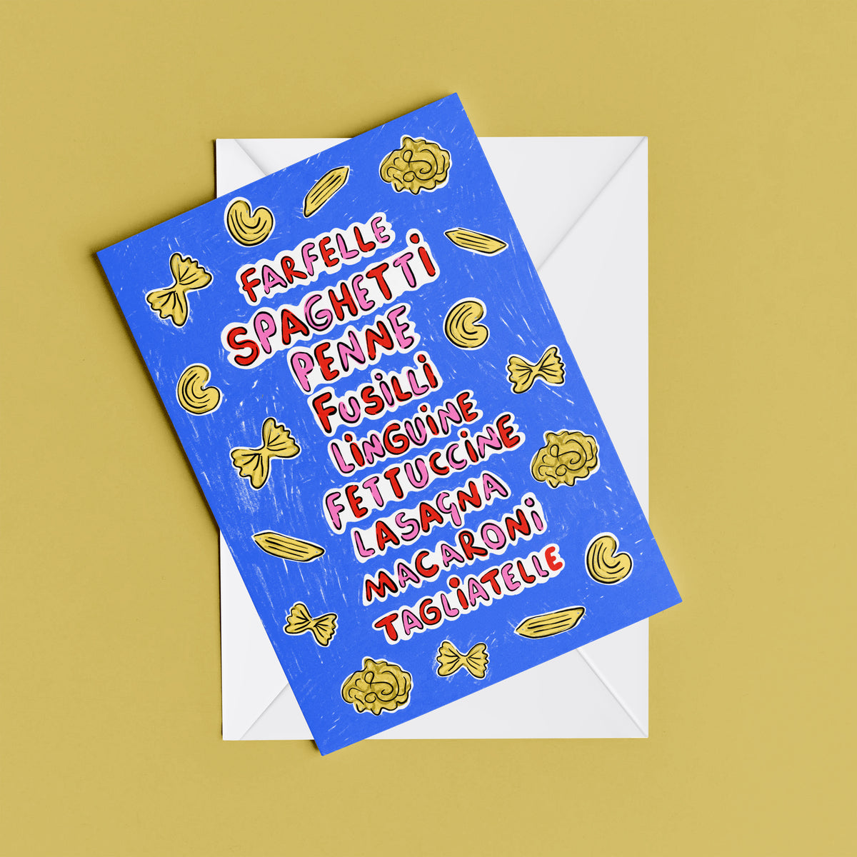 Pasta print – flat lay mock-up showing the colourful illustrated design