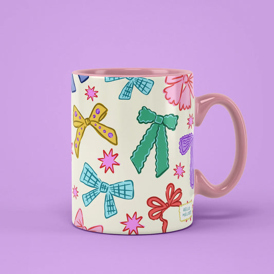 Ribbons Mug with colourful bows on pastel stripes, cute everyday cup