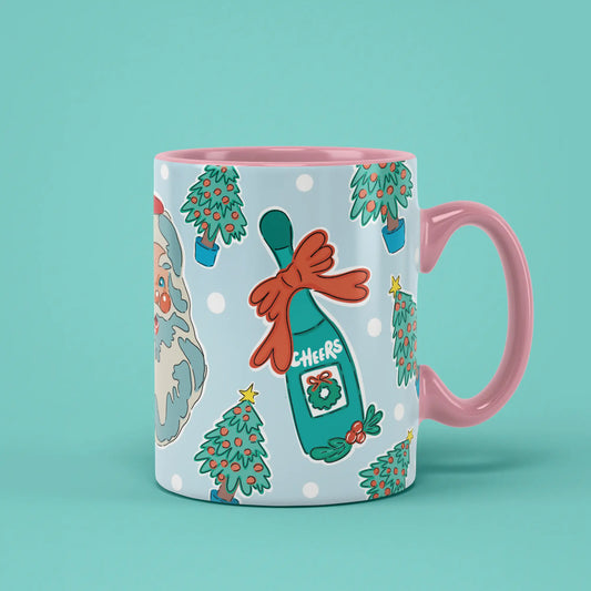 Santa Mug with a reindeer, Christmas trees, champagne and a pink handle