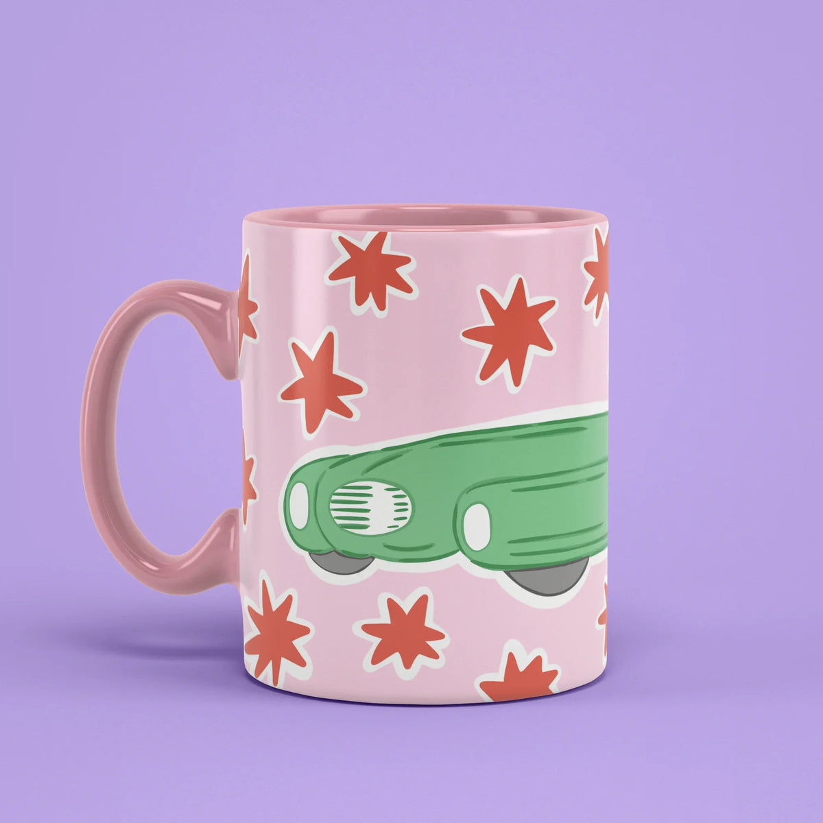 Santa's Car Mug – retro Christmas cup with pink handle on left