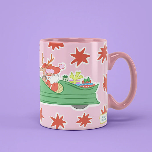 Santa's Car Mug – reindeer driving green car, pink handle on right
