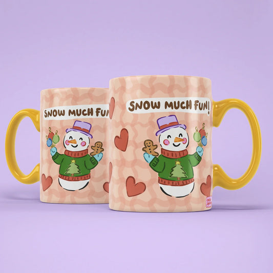 Snow Much Fun Mug – two mugs showing front and back of the snowman design