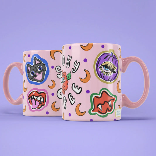 Spooky Coffee Mug shown from both sides with dark florals