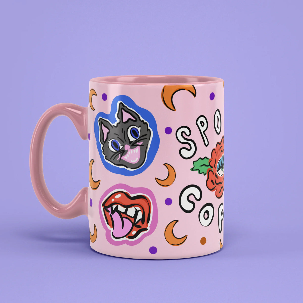 Left view of Spooky Coffee Mug with pink handle