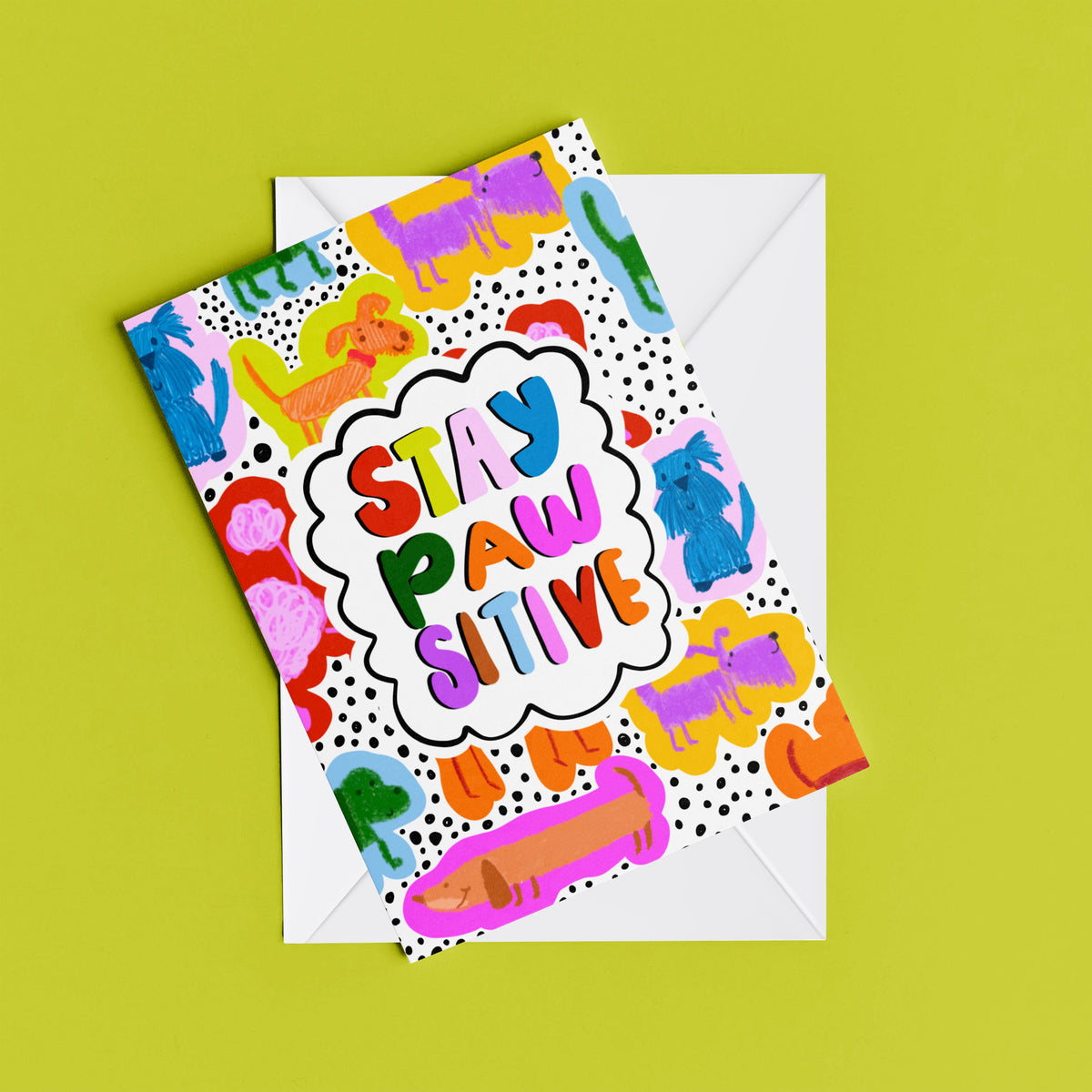 Stay Pawsitive greeting card – flat lay mock-up with envelope