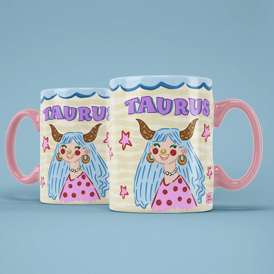 Two Taurus star sign mugs showing a blue-haired figure with bull horns and pink polka dots