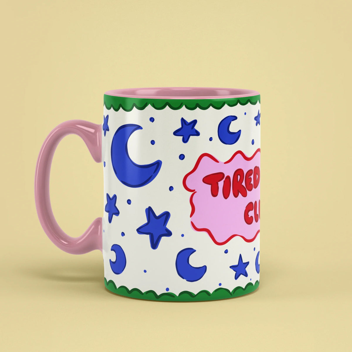 Left view of Tired Mom Club Mug with pink handle