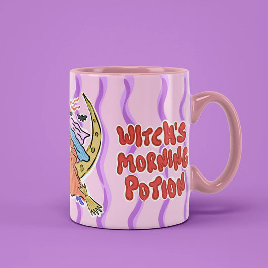 Morning Potion Mug with witch artwork, purple waves and a pink handle