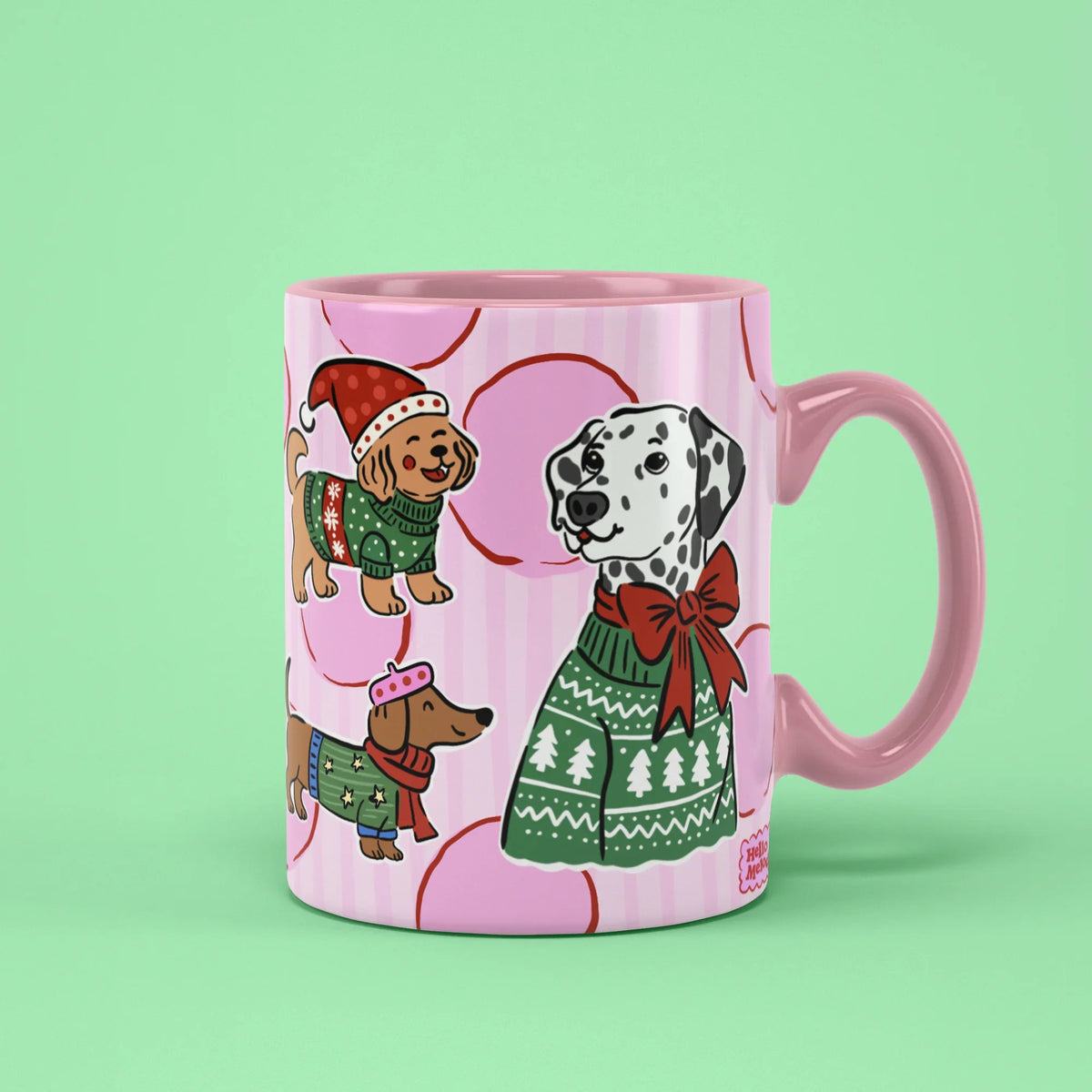 Xmas Dogs Mug – pups in Christmas jumpers, pink handle on right