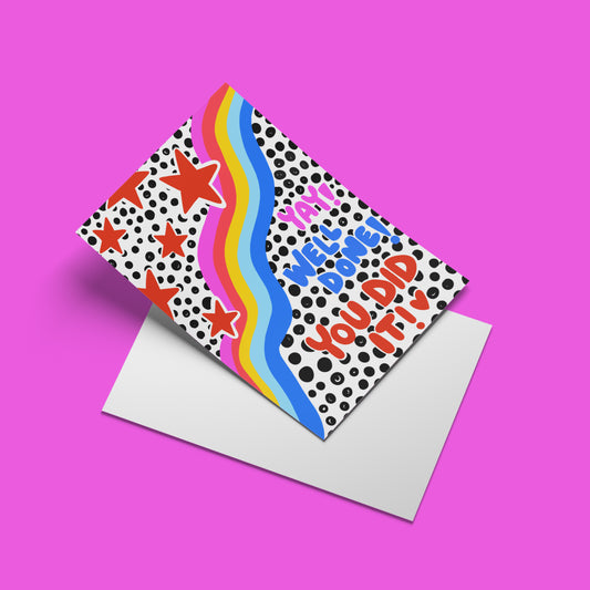 Yay Well Done You Did It greeting card – angled mock-up with envelope