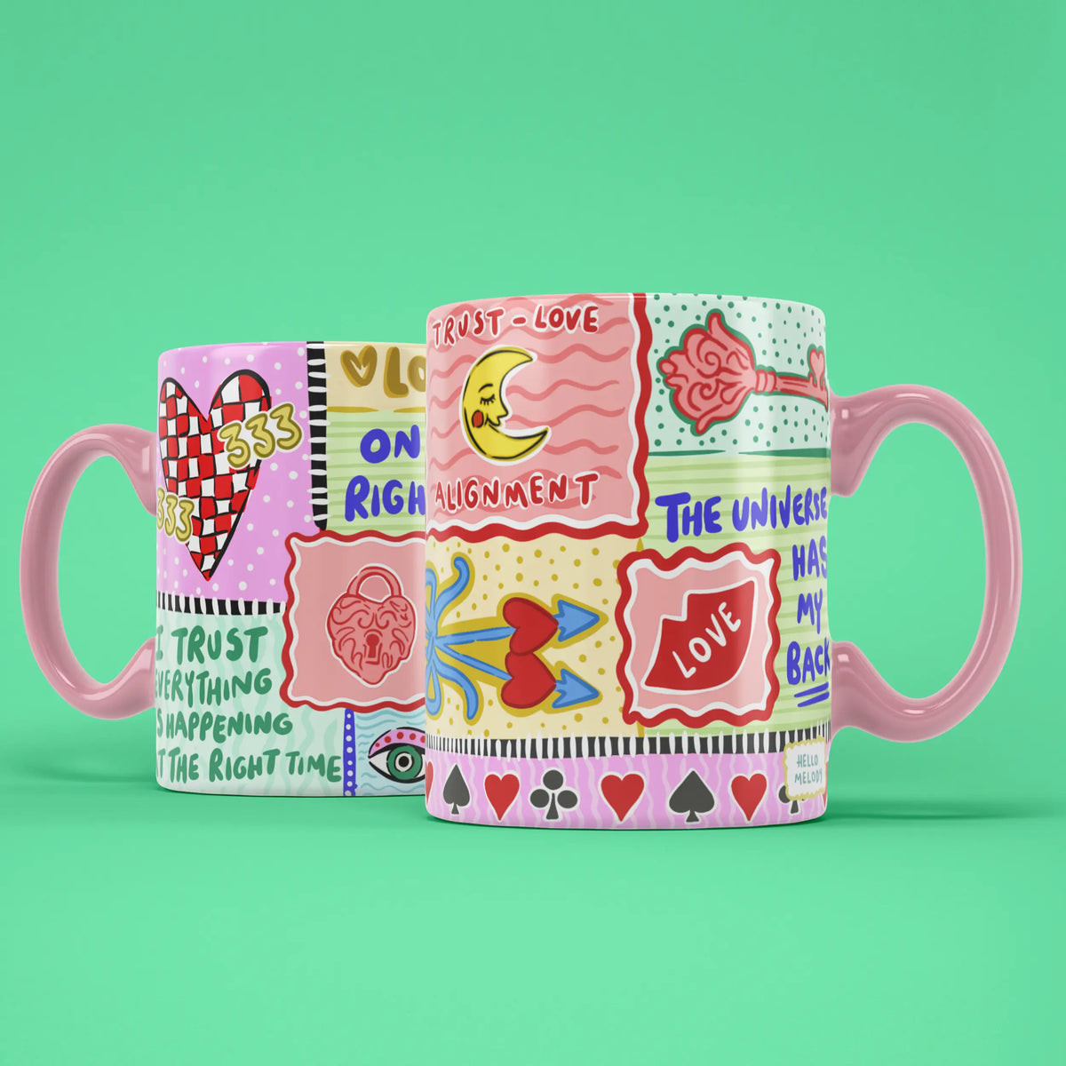 Two 333 Angel Number mugs showing both sides of the colourful manifestation design