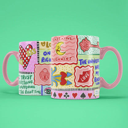Two 333 Angel Number mugs showing both sides of the colourful manifestation design
