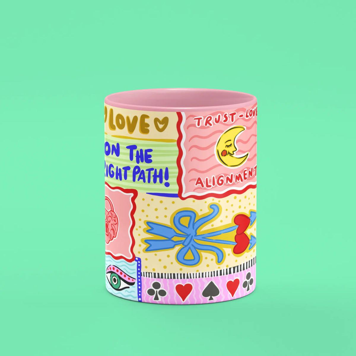 Front view of the 333 Angel Number Mug showing patchwork affirmations and symbols