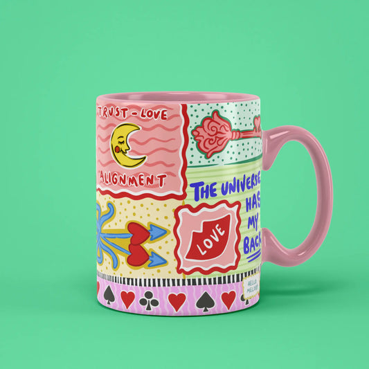 333 Angel Number Mug with colourful manifestation patches and a pink handle